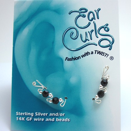 Sterling Silver Ear Curls - Black Swarovski Crystal Beads - Click Image to Close